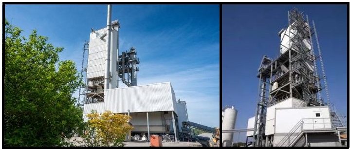 A sinistra, l’impianto di tecnologia Amman, modello Universal S360, di tipo discontinuo a torre con hot-stock. A destra, il miscelatore dalla capacità di 6000 kg, per una produzione minima di 360 tonnellate l’ora.